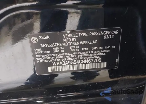 2012 BMW 335I z USA, uszkodzony, nr VIN WBA3A9G54CNN67705